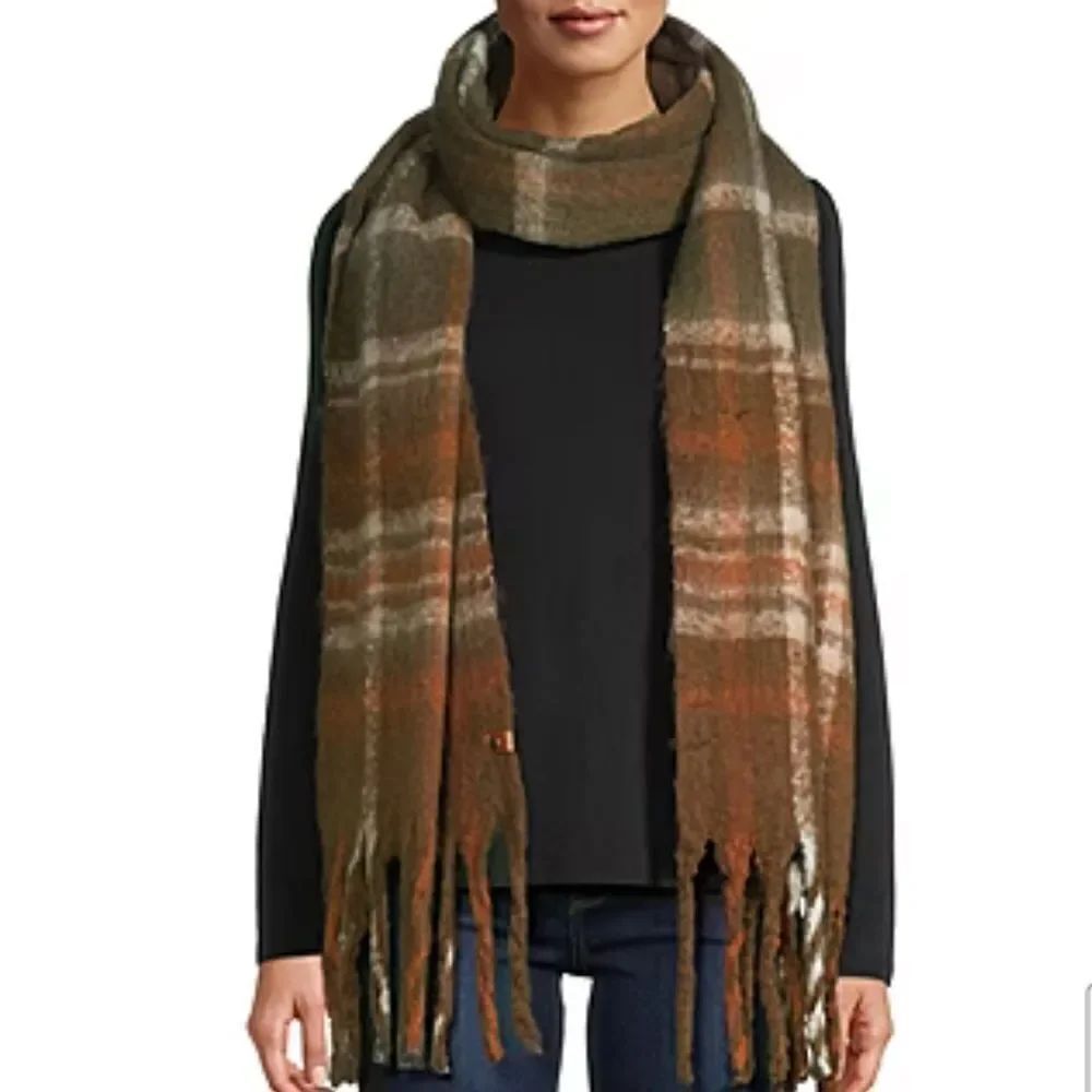 Frye & Co. Brown Boots Plaid Check Midweight Large Tasseled Blanket Scarf